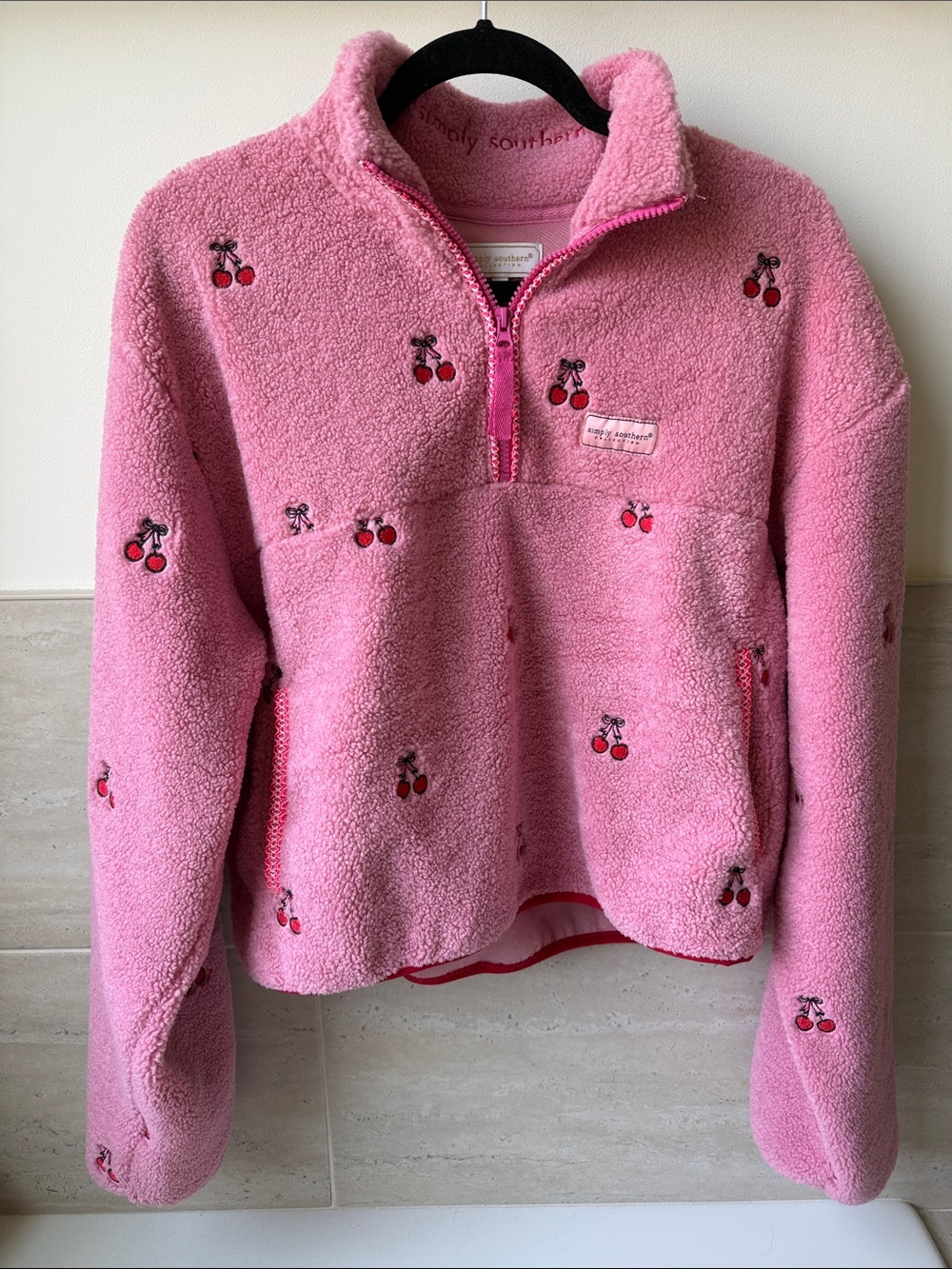 Simply Southern Pink Sherpa Pullover with Cherry Embroidery